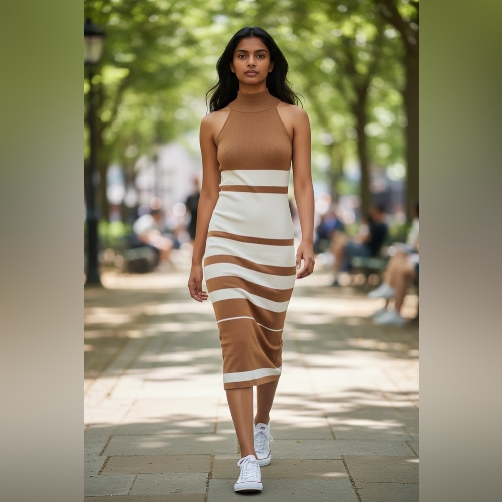 Brown & Cream Striped Mock Neck Midi Dress | Size L